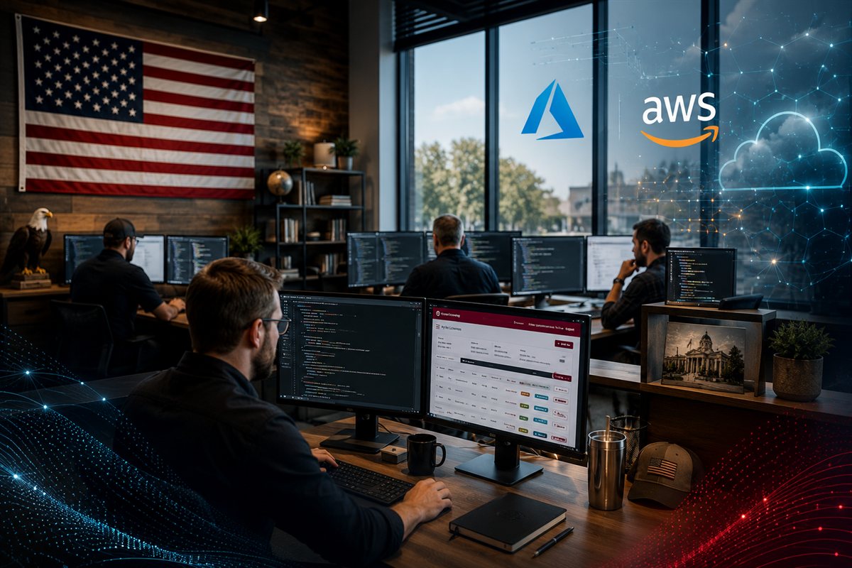 Progressive Solutions engineers at work, with the OneStop licensing portal on screen and Azure and AWS cloud hosting.