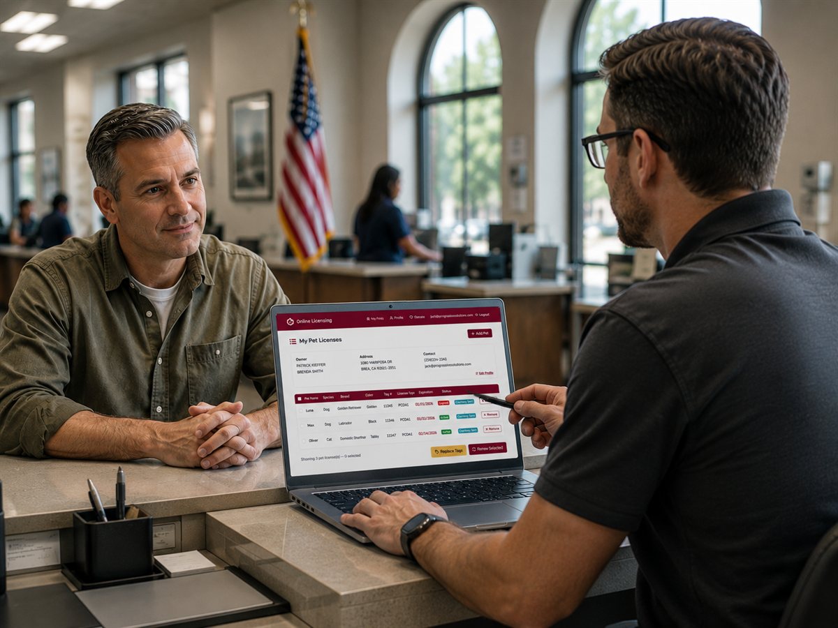 A resident at a city hall counter reviewing their pet licenses on the OneStop portal with a staff member.